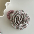 Detailed view of handmade fabric rose hair scrunchie with green and pink striped patterns - Pink Hair Tie / Pink Green Stripes