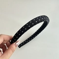 Detail of a vintage black fabric headband with classic white polka dots and thick design - Headband / 1.5cm / Black (4# 1.5CM Black Headband White Dots)