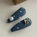 Set de pinzas para el pelo de denim azul con lunares, perlas y un lazo plateado fino - Denim Azul Claro Lunares Perla (1#)