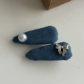 Set de pinzas para el pelo de mezclilla azul con perla y lazo plateado en blanco - Denim Perla Gota de Agua (3#)