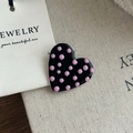 Detail of a heart-shaped metal hairpin with black enamel and pink polka dots - Black Pink Dot Solid Heart