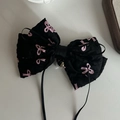 Barrette à cheveux nœud noir élégant avec imprimé rose et petit pendentif clochette - Noir Avec Imprimé Nœud Rose