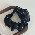 Elastico per capelli in organza a pois con perla nera lucida su vassoio di legno - Stile Fibbia a Scorrimento / Nero Con Pois Bianchi