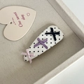 Detailed shot of fabric hair clip with black polka dots and colorful mini bows decor - White Black Polka Dot Large Water Drop Triple Bow