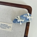 Blue plaid fabric hair clip with cream ribbon bows and faux pearls in vintage style - Blue Plaid Double Bow Hair Clip