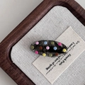 Barrette vintage française gris fumé avec pois colorés et finition brillante haut de gamme - Pince ovale noire points colorés