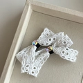 Set of two white lace bow hair clips with black centers and shimmering gems for girls - White Lace Hair Clip