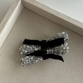 Elegant lace bow hair clips with silver rhinestones and white pearls in classic black - Silver Sequin Pearl Black Bow