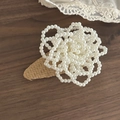 French vintage hair clip with cream pearls and woven rattan texture on wood background - Milk Tea Color Triangle Flower Pearl