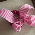 Pink checkered bow hair tie with spiral telephone cord and delicate wavy edge - Rose White Gingham Bow Hair Tie