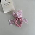 Pink checkered bow telephone cord hair tie with a decorative pink bead accent - Pink White Gingham Bow Hair Rope