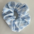 Blue and white checkered scrunchie with bow embroidery and soft fabric texture - Blue White Gingham Embroidery Style