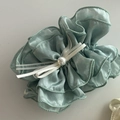Coletero floral de organza verde menta con lazo blanco y perla para mujer - Estilo Lazo De Perlas / Verde Menta