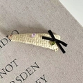 Barrette tissée à la main avec strass colorés et un petit nœud en ruban noir élégant - Pince à Cheveux Triangle en Rotin Clair