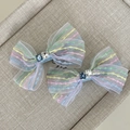 Pair of striped mesh bow hair clips with heart and rectangle gemstone accents - Color Mesh Gemstone Bow Style