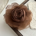 Vintage mesh rose hair claw clip in deep brown chiffon on a rustic wooden background - Khaki Flower Claw Clip