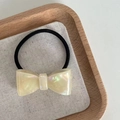 Elegant cream pearlescent bow hair tie with a durable black high-elastic rubber band - Silver White Texture Thick Bow (14#)