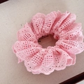 Close-up of pink lace scrunchie featuring delicate floral embroidery and scalloped edges - Pink Small Hollow Double Layer Scrunchie