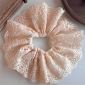 French lace floral scrunchie in light apricot with oversized hollow crochet design - Beige