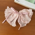 Pink oversized pleated organza bow hair tie with satin ribbon detail on wooden background - Pink Lace Bow Ribbon Streamer