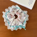 Floral cotton scrunchie with white lace trim and light blue ribbon bow detail - Blue Bow Lace Style