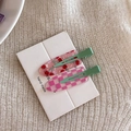 Set de 2 bonitas pinzas para el pelo con cerezas y cuadros rosas con clips de metal verde menta - Patrón de Yogur de Cereza