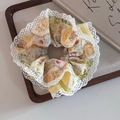 Floral scrunchie with cute cat patterns and white lace trim in a classic pastoral style - Yellow Floral Cat Print Style