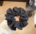 French style oversized black satin scrunchie with soft pleated fabric design - Black