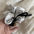 New Chinese ink style silk scrunchie with bow tie and gold fu pendant hair accessory - Ink Print Scrunchie With Blessing Ribbon