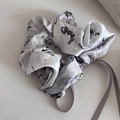 Detail of silk satin scrunchie with ink wash pattern and jade bead pendant - Gray Ink Wash Scrunchie With Ribbon