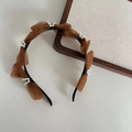 Elegante cerchietto con fiocco in organza marrone e perle bianche su base nera - Cerchietto Cachi Fiocco Rete Perla