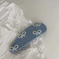 Fermaglio per capelli stile coreano con quattro fiocchi di perle su tessuto denim - Stile Goccia Blu Chiaro