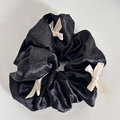 French style black scrunchie with cream white bows and textured pleated fabric design - Black