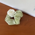 Mint blue silk scrunchie with white fabric rose floral decoration for women - White Flower Green Scrunchie
