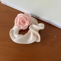 Elegant pale pink fabric flower hair scrunchie with glossy satin finish for women - Pink Flower White Scrunchie
