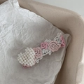 Floral lace embroidery hair clip with heart-shaped pearls on a soft white background - Pink Lace White Heart