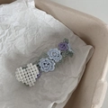 Detail of vintage lace embroidery blue flowers and pearl heart on the hair clip - Blue Lace White Heart