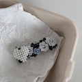 Detail of lace hair clip featuring pearl heart and embroidered rose flowers - Black Lace White Heart