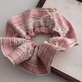 Chouchou à carreaux roses avec dentelle blanche et petits nœuds beige pour queue de cheval - 1# Chouchou Rose