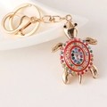 Creative turtle keychain with multi-color rhinestones and gold plating for handbags - Red
