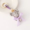 Sparkling rhinestone bear keychain with letter S tag and purple ribbon accessory - Purple White