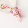 Pink rhinestone bear keychain with letter B charm and golden crown accent - Pink Multi