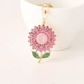 Porte-clés tournesol strass rose avec placage or et breloques de feuilles vertes - Rose