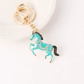 Mint green enamel horse keychain with white rhinestones and golden metal hardware - Green