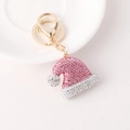 Sparkling pink rhinestone Christmas hat keychain with golden lobster clasp for bags - Pink Christmas Hat
