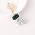 Christmas stocking keychain with sparkling white and green rhinestones on gold metal ring - Christmas Stocking Green