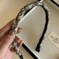 Detail of woven chain headband with silver beads and crystals in beige and coffee colors - Champagne Braided Rhinestone Headband