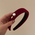 Diadema francesa de terciopelo rojo vino con perla grande y detalle de metal dorado - Diadema Burdeos Ancha con Perlas Artificiales (3#)