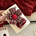 Red and green plaid flower hair clip with festive bow on elegant brand display card - Red Large Flower Style (2#红色大花两件套)