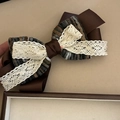 Vintage brown layered lace and tweed bow hair claw clip for elegant women styling - White Bow Lace Hair Clip